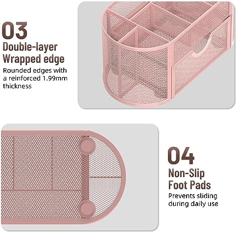 Mesh Desk Organizer with Drawer, 9-Compartment Pen Holder for Desk, Pink