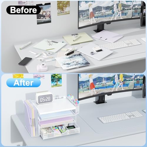 gianotter Wood Desk Organizers and Accessories with File Holder, 4-Tier Desk Accessories & Workspace Organizers with Drawer and 2 Pen Holder, Desk Reference Organizer (White, 4T with Metal Drawer)