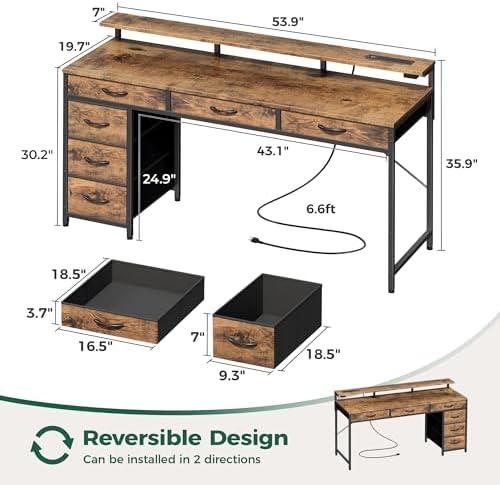 Huuger Gaming Desk with 6 Drawers, Computer Desk with LED Lights Power Outlets and Type-C, 55 Inch Office Desk with Storage, Monitor Stand, Writing Desk for Home Office, Rustic Brown, 1CD102F