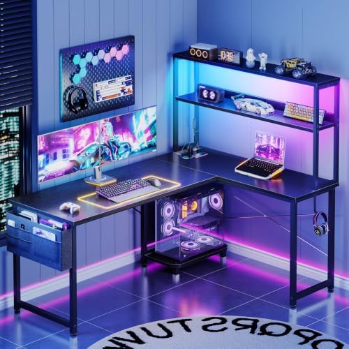 ODK 53" L Shaped Gaming Desk with Shelves, LED & Outlets, Black