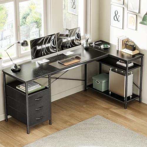 Huuger L Shaped Office Desk with Power Outlets & 3 Drawers