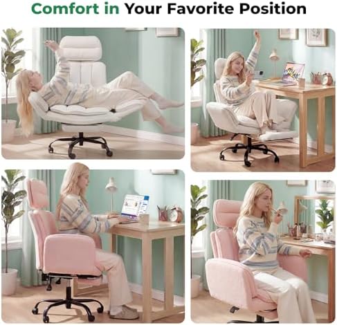 HOMRELEXA Criss Cross Office Chair with Armrests & Wheels, Comfy Velvet Vanity Chair, Ergonomic Executive Gaming Computer Chairs with Foot Rest, Wide Seat Reclining Desk Chair, White