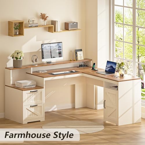 63" Farmhouse L Shaped Desk with Drawers & Printer Shelf for Home Office