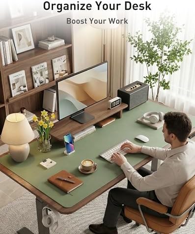 Aothia Faux Leather Desk Mat - Large Mouse Pad, Non-Slip PU Leather Blotter, Waterproof Writing Surface for Office and Home (Olive Green, 40" x 24")