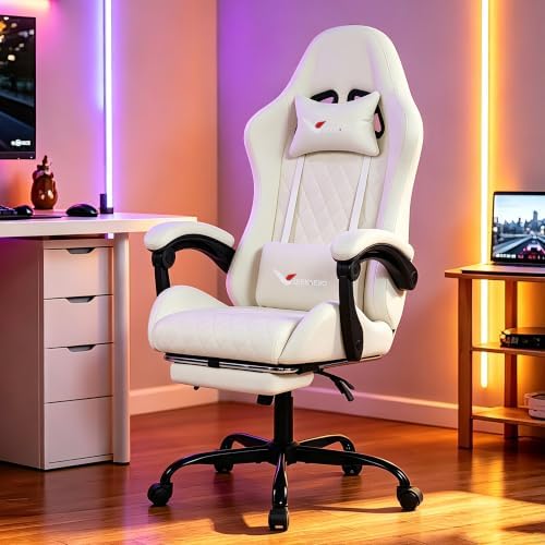 Fabric Gaming Chair for Adults, Ergonomic Computer Office Desk Chair with Footrest,Pocket Spring Cushion, Reclining High Back Silla Gamer for Home Office, White