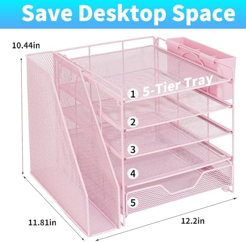 5-Tier Desk File Organizer with Drawer & Pen Holder (Pink)