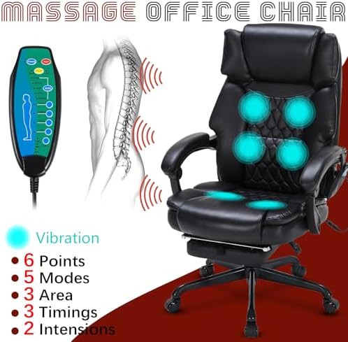 Massage Office Chair with Foot Rest 6 Points Vibration and Heat Home Office Desk Chairs for Heavy People 400lbs Reclining Managerial Chairs Ergonomic Executive Chair (Black)