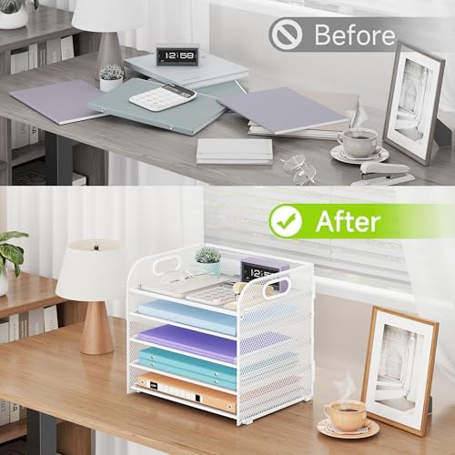 Cawukege 2 Pack 5 Tier Paper Organizer, Letter Tray with Handle, Mesh Desk Organizer, Metal File Organizer, Office Desk Accessories for Home, Office, Classroom, School (White, 2)