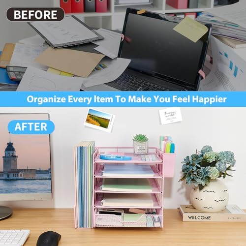 5-Tier Desk File Organizer with Drawer & Pen Holder (Pink)