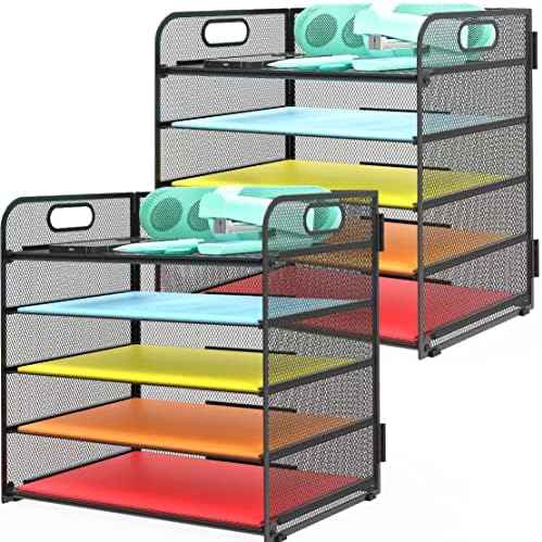 2 Pack Letter Tray 5-Tier Desk Organizer File Paper Holder with Handle, Metal Desktop Document Shelf Tray Office Classroom Organization - Black