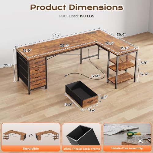 Huuger 55 Inch L Shaped Desk with Fabric Drawers, Reversible Computer Gaming Desk with Power Outlets and USB-C Port, Adjustable Side Storage Shelves, for Work Corner Home Office, Rustic Brown