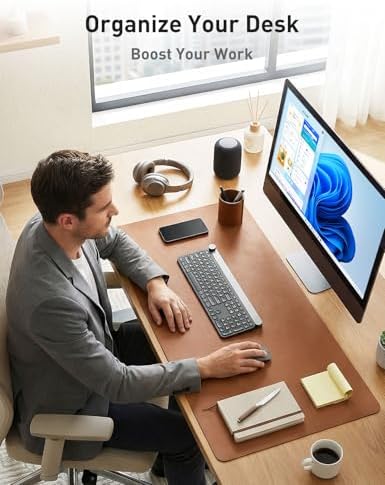 Aothia Faux Leather Desk Mat - Non-Slip PU Leather Desk Blotter, Waterproof Writing Surface, Large Desk Pad for Office & Home (Brown, 55" x 17")