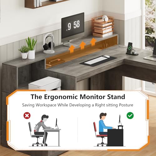 63" Farmhouse L Shaped Desk with Drawers & Printer Shelf for Home Office