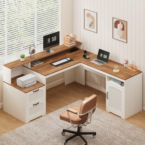 Farmhouse L Shaped Desk with Drawers & Printer Shelf for Home Office