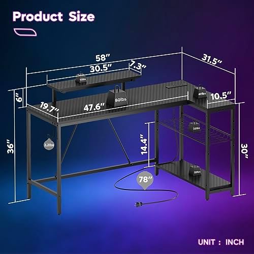 Bestier 58-Inch L-Shaped Gaming Desk with Charging & LED, Black