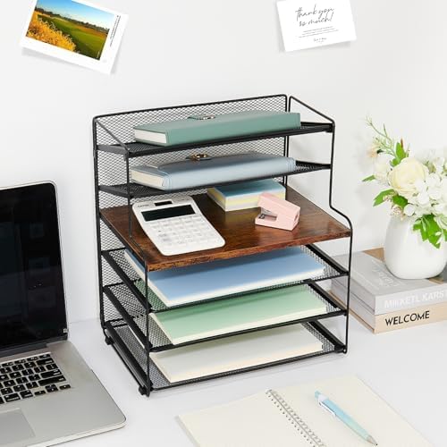 OPNICE Desk Organizer, 6-Tier Paper Organizer Letter Tray, Brown Wood