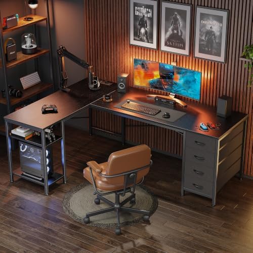 Huuger 55 Inch L Shaped Desk with Fabric Drawers, Reversible Computer Gaming Desk with Power Outlets and USB-C Port, Adjustable Side Storage Shelves, for Work Study Corner Home Office, Black