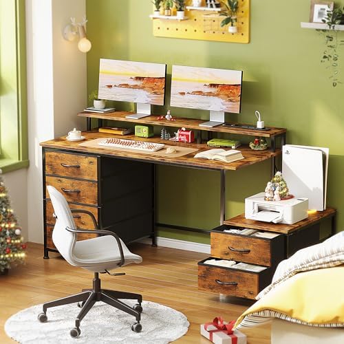 52 Inch Office Desk with 6 Drawers and Printer Space for Storage, Reversible Computer Desk with Monitor Stand & Power Outlets, Home Office Desks, Vintage Brown