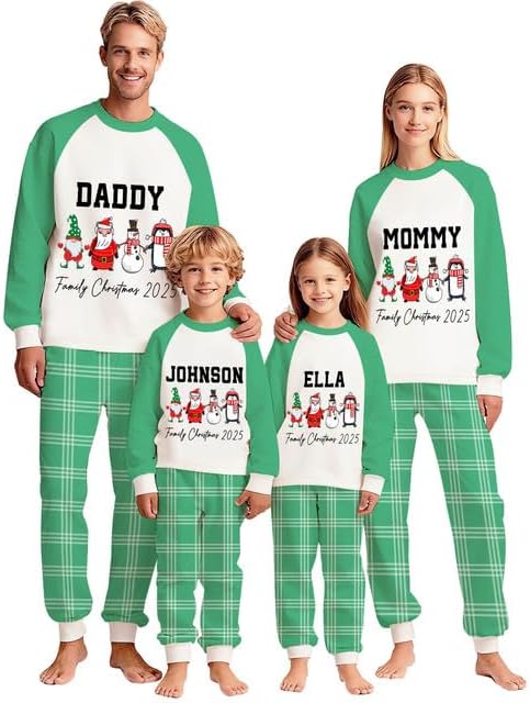 Personalized Family Christmas Pajamas Matching Sets 2025, Custom Xmas pjs, Long Sleeve Raglan Top Plaid Pant