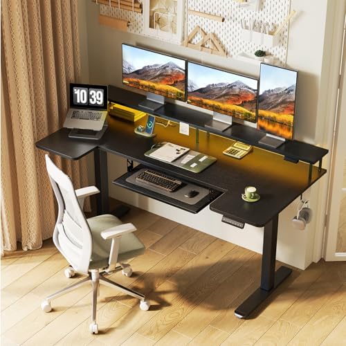 OffiGo 63 Inch U Shaped Electric Standing Desk with Keyboard Tray, Black