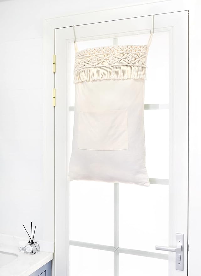 Mkono Macrame Hanging Laundry Hamper Bag Over The Door Organizer Laundry Bag Boho Decor Hanging Clothes Hamper for College Dorm Room Bathroom Home Travel Space Saving