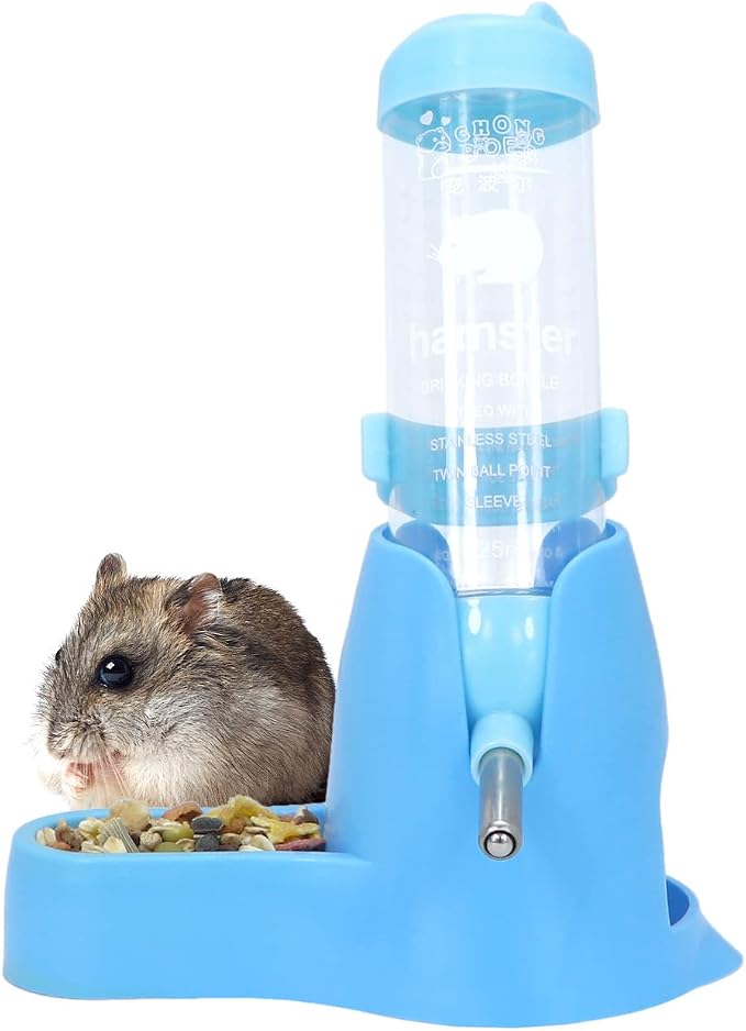 Wontee 3 in 1 Hamster Water Bottle with Food Bowl Hideout Base, 125ML, Blue | Water dispenser, food container, hideout, stable base, easy to refill, for glass tank/cage, dwarf hamster/mouse/gerbil, 4.2oz