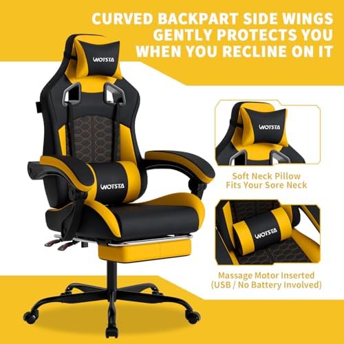 Gaming Chair with Massage,Ergonomic PC Gaming Chair with Footrest Comfortable Headrest and Lumbar Support,High Back Game Chair PVC Leather,300LBS (Sunflower Yellow)