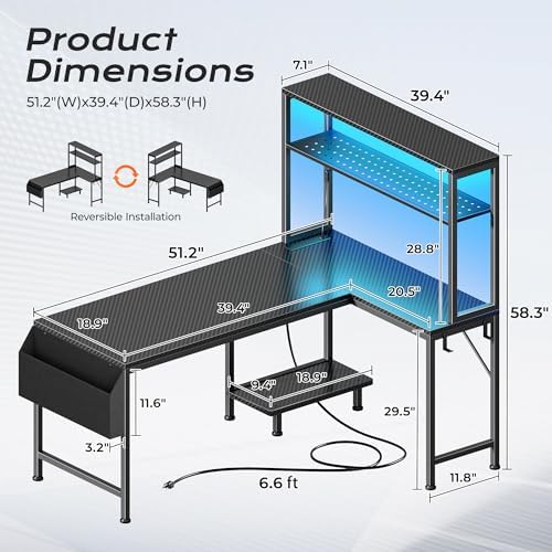 PRAISUN L Shaped Gaming Desk with LED Lights & Power Outlets