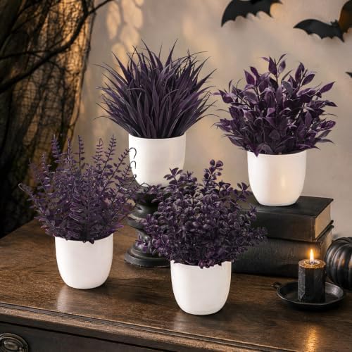 Der Rose 4 Pack Purple Artificial Plants in Pots, Halloween Fall Decor