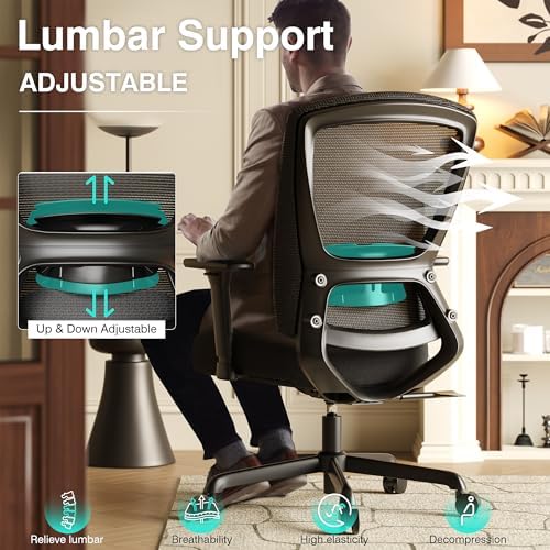 ELABEST Mesh Office Chair,Ergonomic Computer Desk Chair,Sturdy Task Chair- Adjustable Lumbar Support & Armrests,Tilt Function,Comfort Wide Seat,Swivel Home Office Chair (Noir Black)