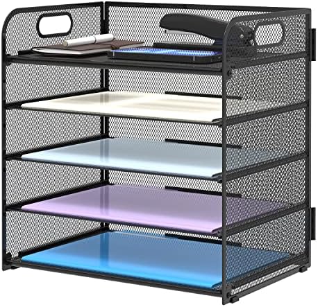 Supeasy 5 Trays Paper Organizer Letter Tray with Handle-Mesh Desk File Holders, Paper Sorter Desk Organizer for Office, Home, Classroom or School