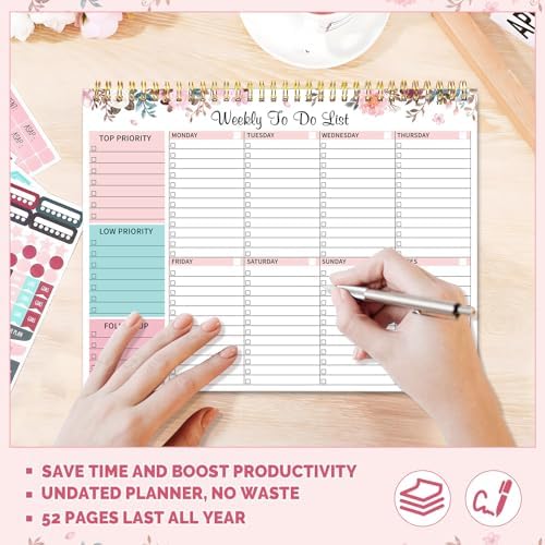 Thboxes Weekly To Do List Notepad, 8.5"x11" Desk Planner 52 Sheets, Pink