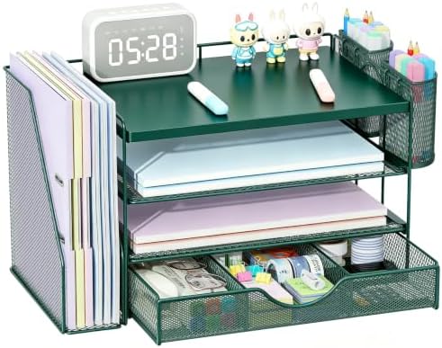 gianotter Wood Desk Organizers and Accessories with File Holder, 4-Tier Desk Accessories & Workspace Organizers with Drawer and 2 Pen Holder, Desk Reference Organizer (Green, 4T with Metal Drawer)