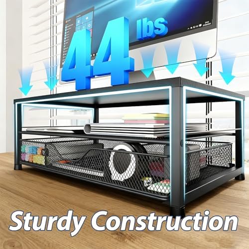 OPNICE Desk Organizer and Accessories, 2-Tier Computer Monitor Stand Riser with Drawer and 2 Pen Holders, Laptop Stand, Office Desk Accessories for Office Supplies, Black
