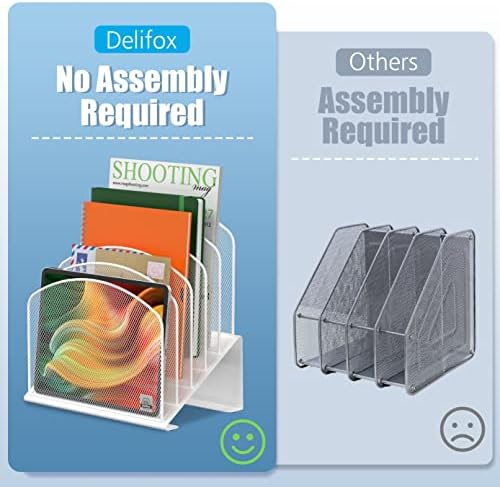 Delifox Inclined Desk File Organizer,Vertical File Folder Holder Stand Metal Rack File Sorter for Office Classroom Desktop Organization (2, White, 5)