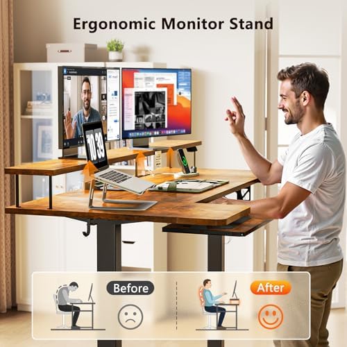 OffiGo 55 Inch U Shaped Standing Desk with Keyboard Tray, Rustic Brown