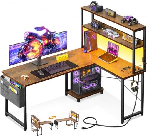 ODK 53" L Shaped Gaming Desk with Shelves, LED & Outlets, Vintage