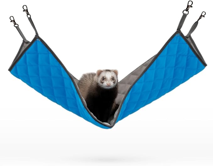 Paw Inspired Hanging Fleece Hammock for Small Animals, Gray/Blue | Hammock with Swivel Clips for Pet Cage for Ferrets, Rats, Chinchillas, Sugar Gliders, Hideout Toy for Guinea Pigs, Hamsters