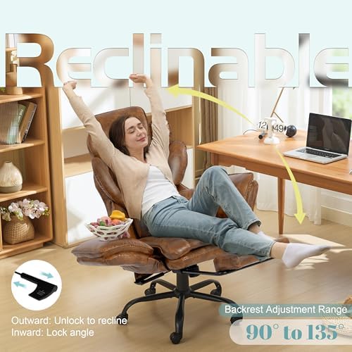 Flip Armrests Criss Cross Office Chair, Reclining Office Chair with Foot Rest, Adjustable Headrest, Massage Waist Pillow, Cross Legged Big and Tall Desk Chair Wide Seat Vanity Chair, Brown PU Leather