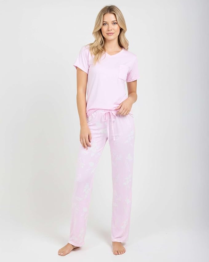 Real Essentials 2 Pack: Women's Comfy Pajama Sets - Short & Long Sleeve Ladies Loungewear Sleepwear PJs (Available In Plus)