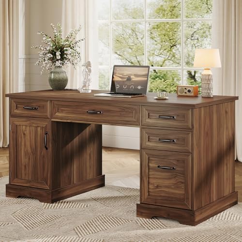 OffiGo Farmhouse 59 Inch Executive Desk with Drawers, Walnut