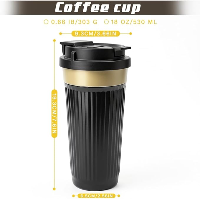 Vacuum-Insulated Stainless Steel Travel Coffee Mug, Leak-Proof Reusable Coffee Cup with Lid-Keeps Drinks Hot & Cold for Hours, Durable Double Wall Tumbler for Men & Women (5th-Black, 18OZ)