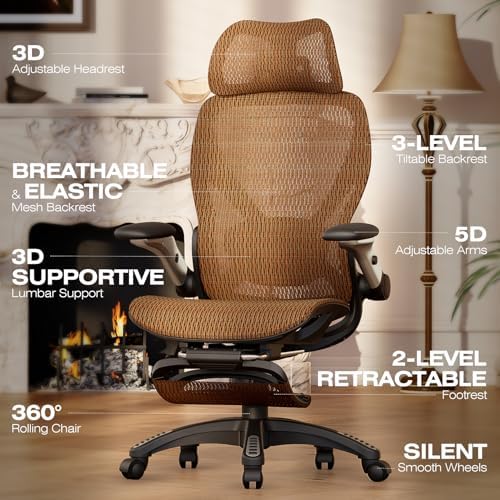 ELABEST X100 Ergonomic Mesh Office Chair with Footrest, Big and Tall Home Desk Chair with 5D Flip-Up Arms, Adjustable 3D Lumbar Support, Gaming & Executive Computer Chair (Tangerine Burst)
