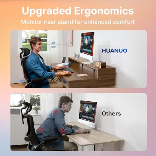 HUANUO 48″ x 26″ Electric Standing Desk with 2 Drawers &24.4″ Large Keyboard Tray, C-Clamp Mount Compatible, Adjustable Computer Desk for Office, Sit Stand Up Desk with 4 Height Presets, Deep Walnut
