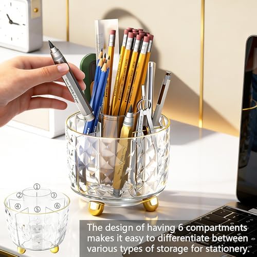 GOTOBA 360° Rotating Pencil Holder for Desk, Makeup Brush Holder with 6 Slots, Desk Organizer for Writing Utensil, Office and School Supplies (Transparent)