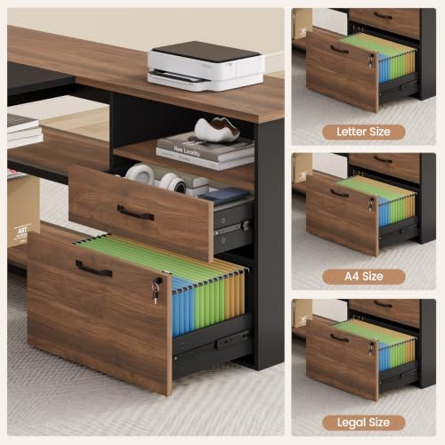 71" L Shaped Corner Home Office Desk, Large Executive Computer Desk with Lockable File Cabinet, 2 Drawers, Storage Cabinet, Power Outlets, CPU Stand, Storage Shelves & Modesty Panel, Walnut