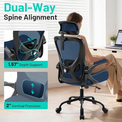 AreShark Office Chair - Ergonomic Desk Chair Breathable Mesh Chair with 2D Headrest & Adjustable Lumbar Support - Executive High Back Rolling Swivel Computer Gaming Chair with Wheels Flip-up Armrests