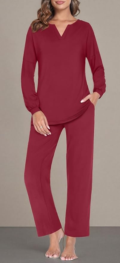 Anyally Women's Plus Size Pajama Sets Ladies Fall Pjs 2 Pieces Lounge Outfits V Neck Long Sleeves Sleepwear with Pockets