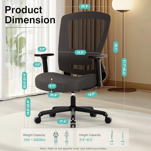 ELABEST Mesh Office Chair,Ergonomic Computer Desk Chair,Sturdy Task Chair- Adjustable Lumbar Support & Armrests,Tilt Function,Comfort Wide Seat,Swivel Home Office Chair (Noir Black)