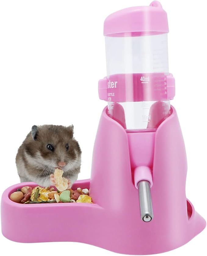 Wontee 3 in 1 Hamster Water Bottle with Food Bowl Hideout Base, 80ML, Pink | Water dispenser, food container, hideout, stable base, easy to refill, for glass tank/cage, dwarf hamster/mouse/gerbil, 2.7oz